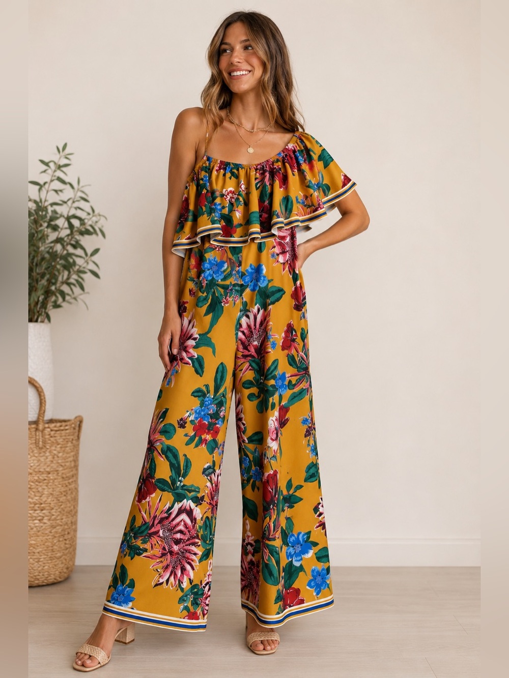 Lulus Honolulu Golden Yellow Floral Print Off-the-Shoulder Jumpsuit.